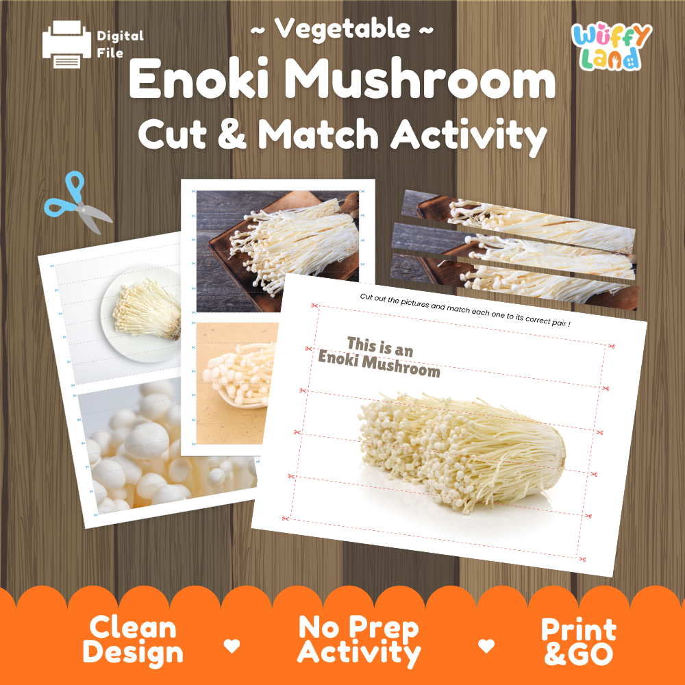 Enoki mushroom cut and match activity cover showing printable fine motor puzzle sheets and mushroom photographs