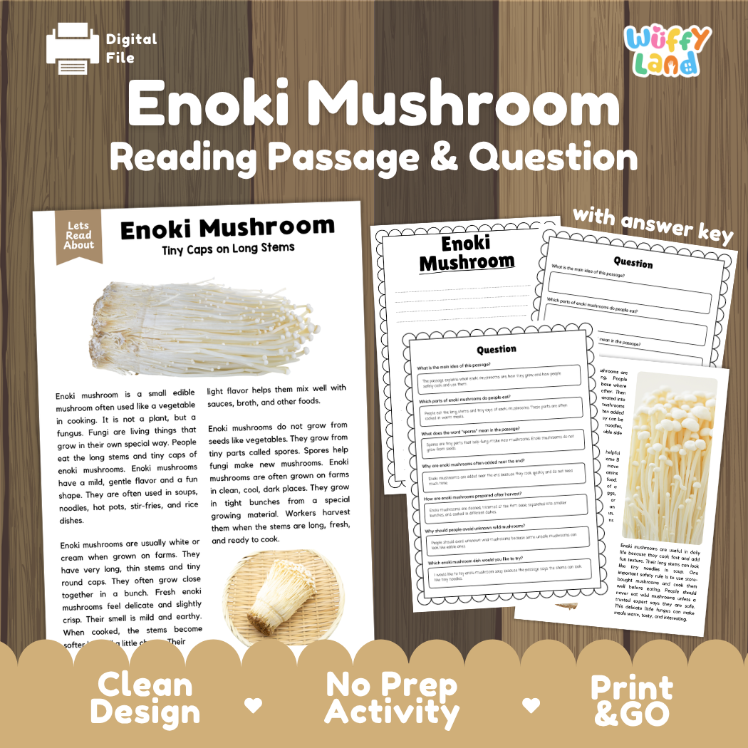 Enoki mushroom reading comprehension passage and questions printable activity pack with answer key for elementary students