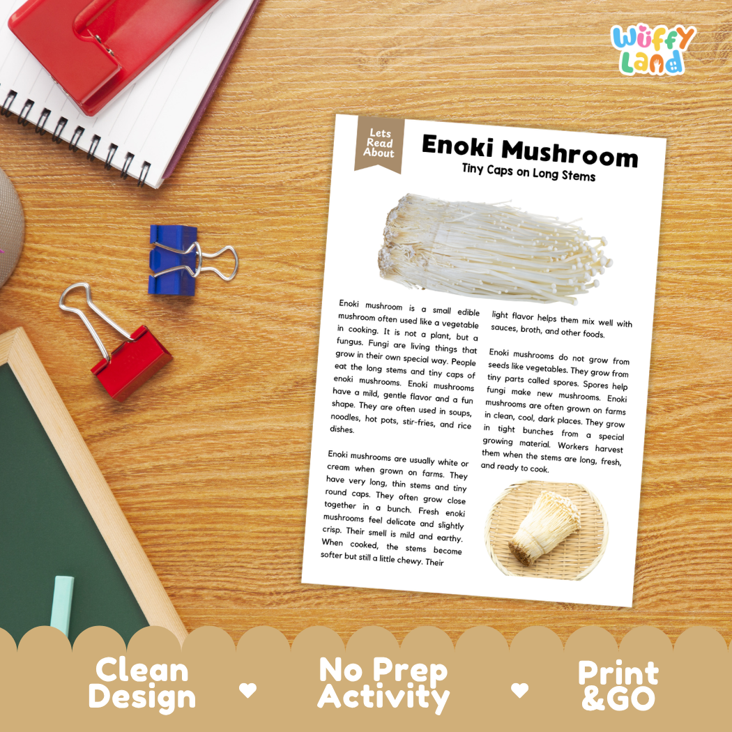 Student reading comprehension worksheet with short-answer questions and lined sections about enoki mushrooms