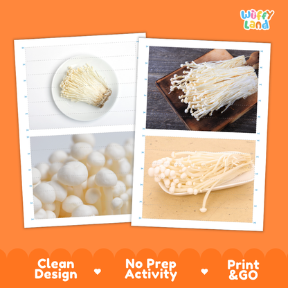 Printable activity sheets featuring photographic enoki mushroom puzzle boards and cutting guides