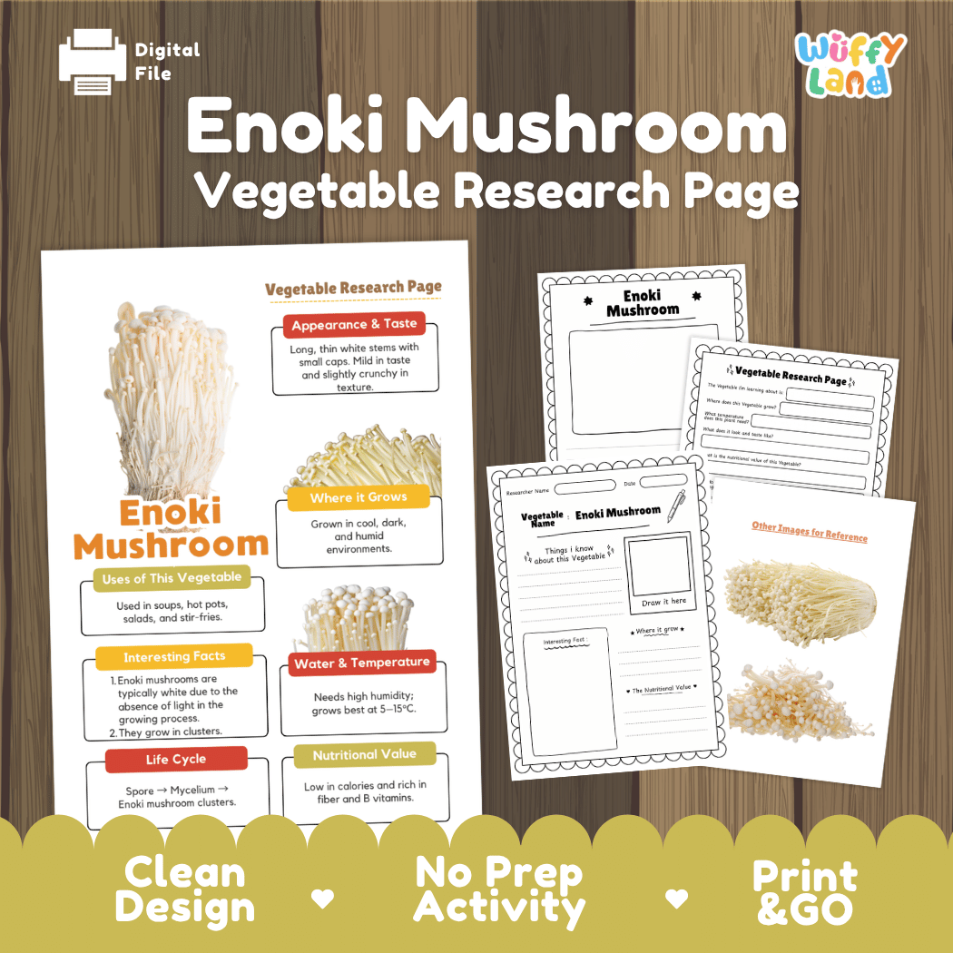 Enoki Mushroom Vegetable Research Page and Worksheets