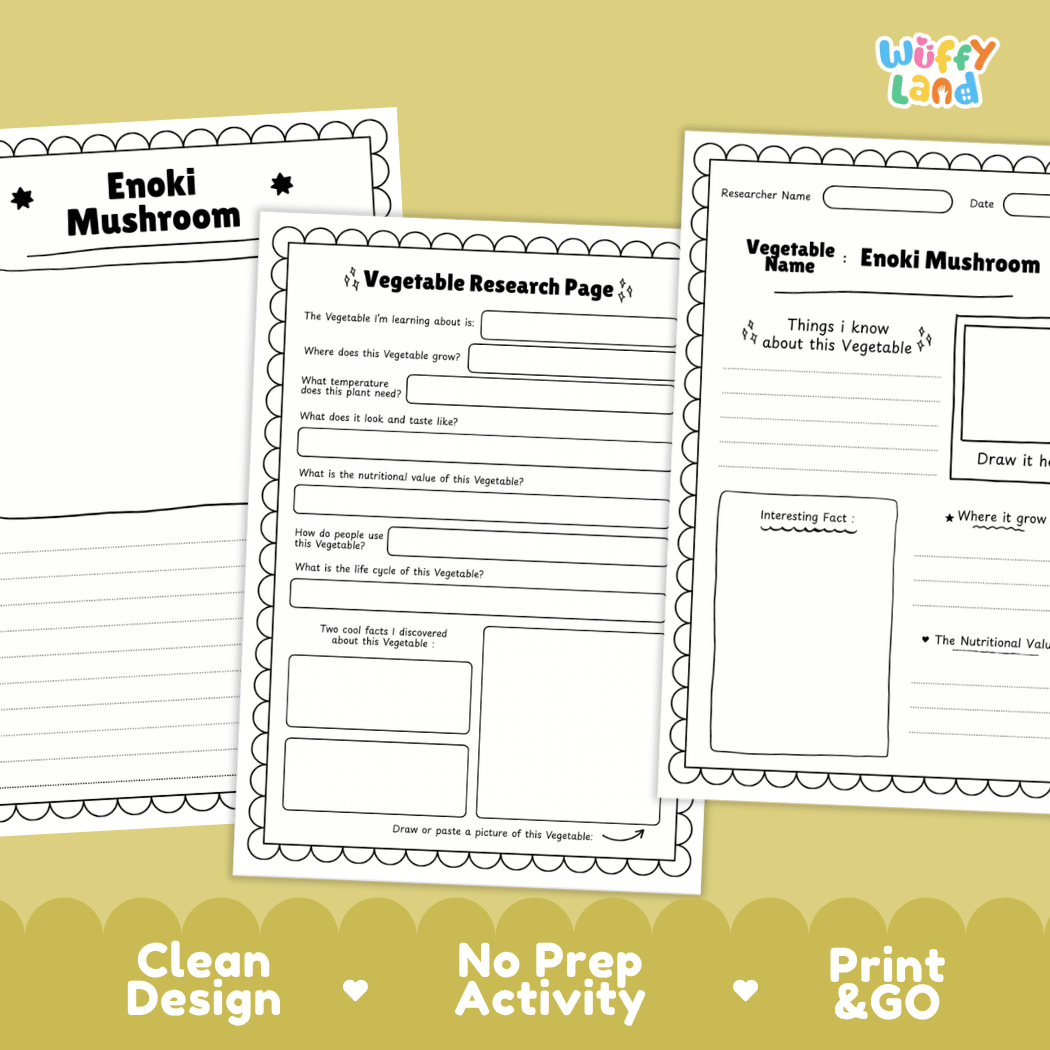 Enoki Mushroom Vegetable Research Page and Worksheets