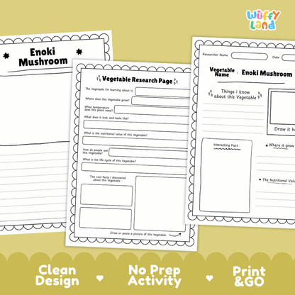 Enoki Mushroom Vegetable Research Page and Worksheets