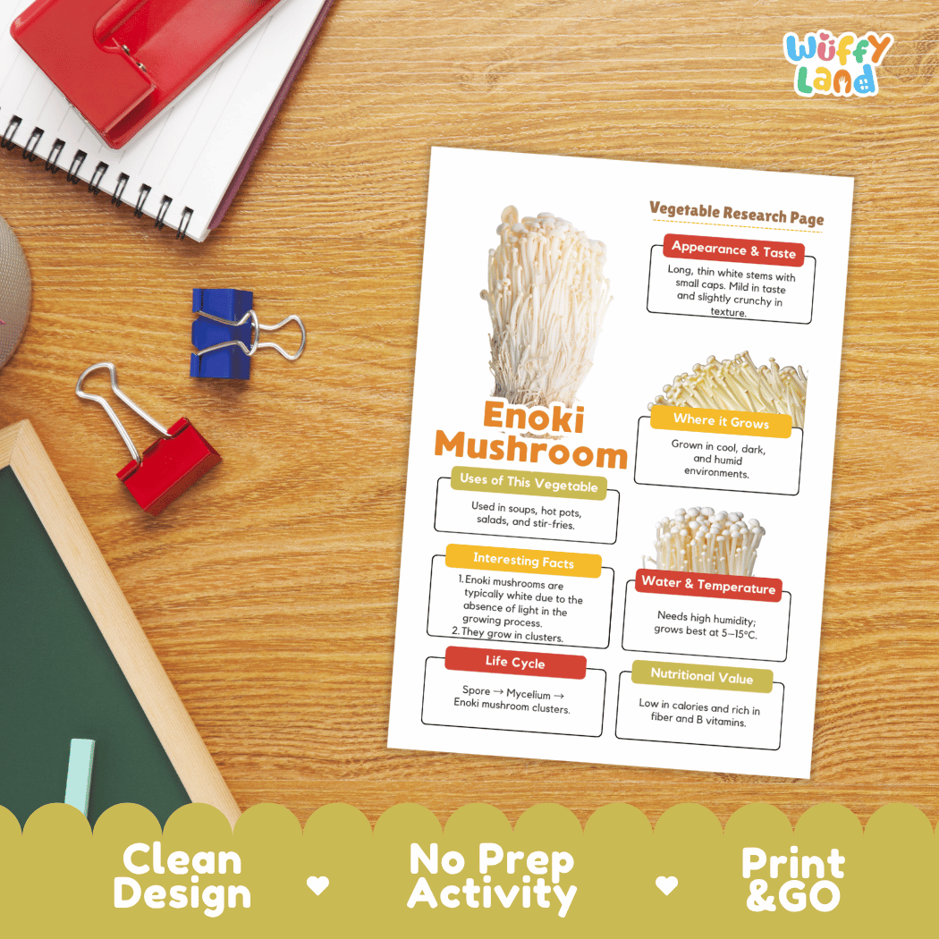 Enoki Mushroom Vegetable Research Page and Worksheets