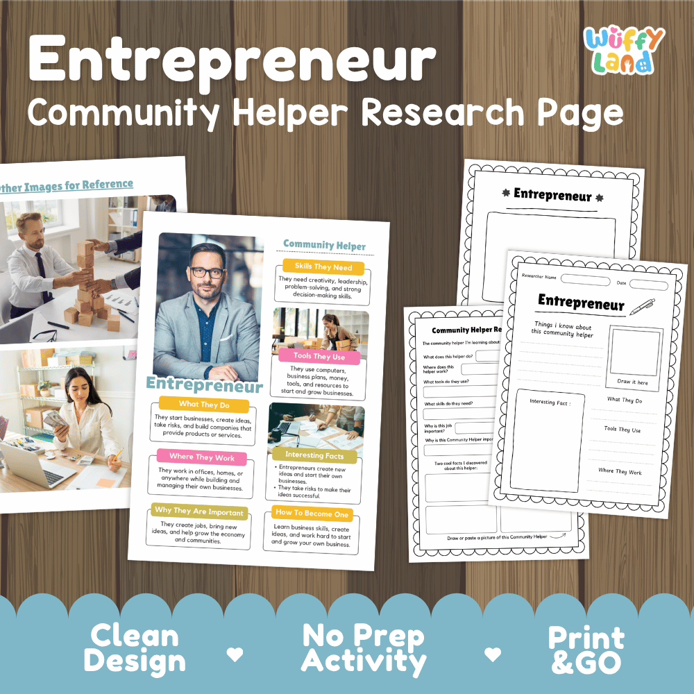 Entrepreneur community helper research page writing worksheets pack featuring real photos and student activity pages for elementary social studies and economics