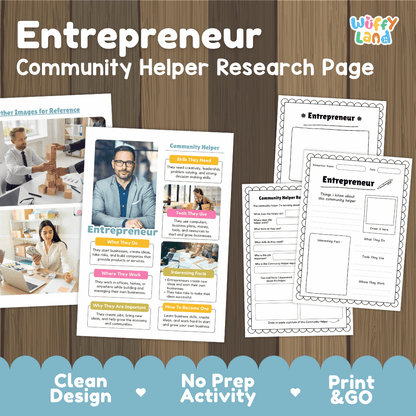 Entrepreneur community helper research page writing worksheets pack featuring real photos and student activity pages for elementary social studies and economics