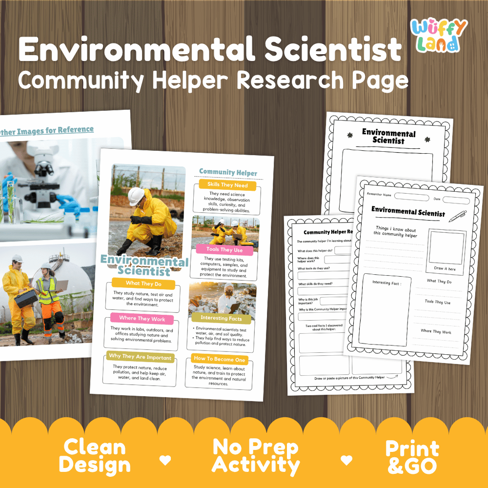Environmental scientist community helper research page writing worksheets pack featuring real photos and student activity pages for elementary social studies and STEM