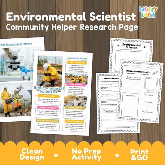 Environmental scientist community helper research page writing worksheets pack featuring real photos and student activity pages for elementary social studies and STEM