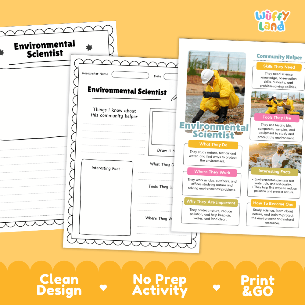 Educational reference poster with real photography showing environmental scientist duties, testing kits, field equipment, and interesting facts