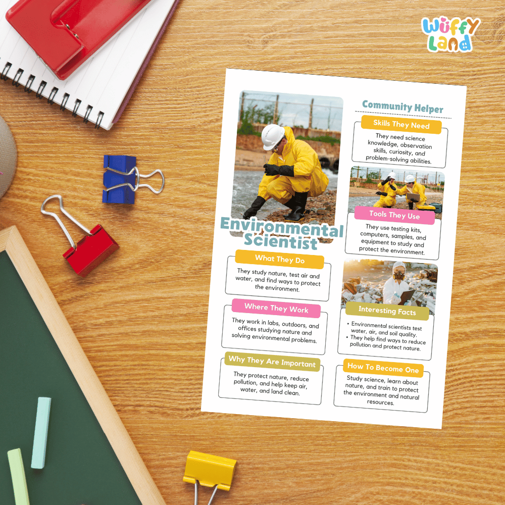 Guided student writing worksheets with lined sections for recording facts and a dedicated box for drawing or pasting a picture of an environmental scientist