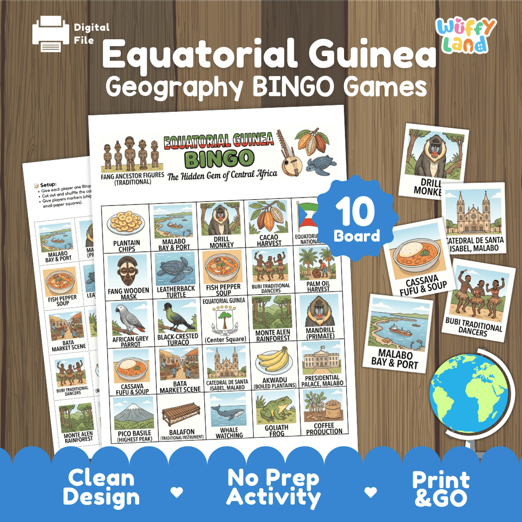 Equatorial Guinea Geography BINGO Games Printable Country Study Activity Cards