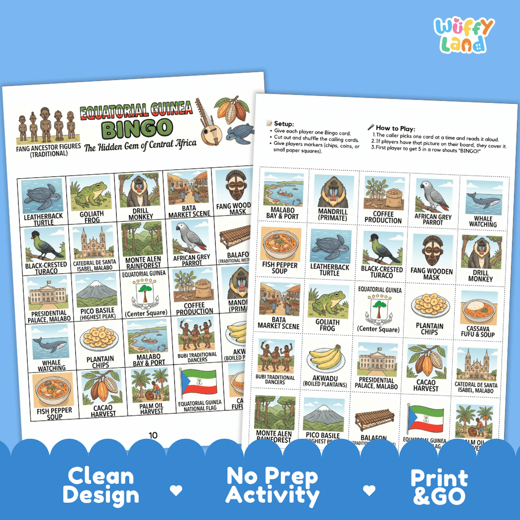 Equatorial Guinea Geography BINGO Games Printable Country Study Activity Cards