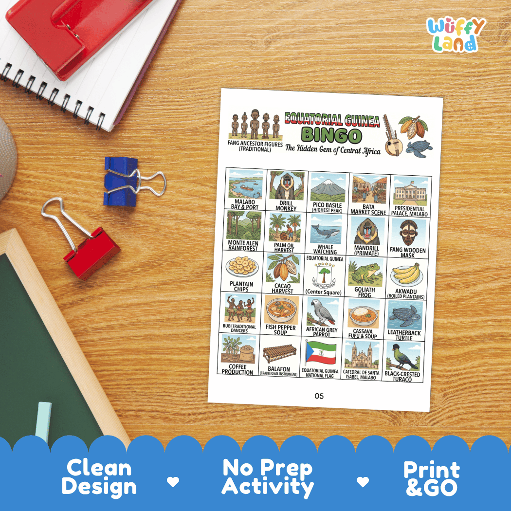 Equatorial Guinea Geography BINGO Games Printable Country Study Activity Cards