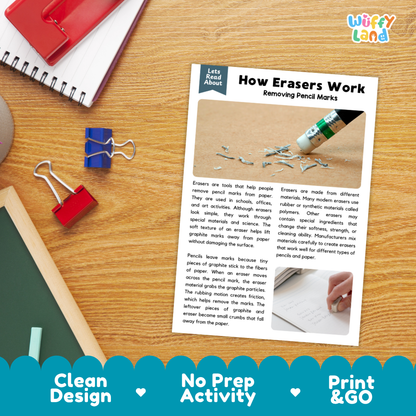 Printable student worksheet with short-answer reading comprehension questions covering erasers and friction science