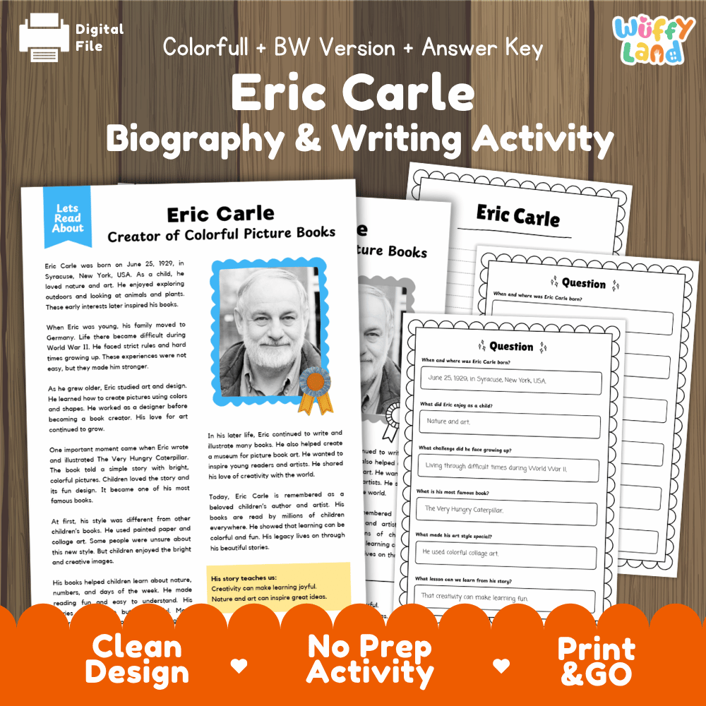 Digital download activity sheet set for 'Eric Carle Biography & Writing Activity' featuring printable worksheets, an answer key, and a colorful cover page displayed on a wooden background with promotional banners at the bottom.