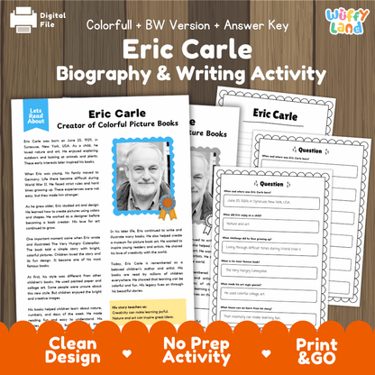 Digital download activity sheet set for 'Eric Carle Biography & Writing Activity' featuring printable worksheets, an answer key, and a colorful cover page displayed on a wooden background with promotional banners at the bottom.