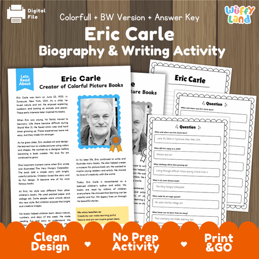 Digital download activity sheet set for 'Eric Carle Biography & Writing Activity' featuring printable worksheets, an answer key, and a colorful cover page displayed on a wooden background with promotional banners at the bottom.