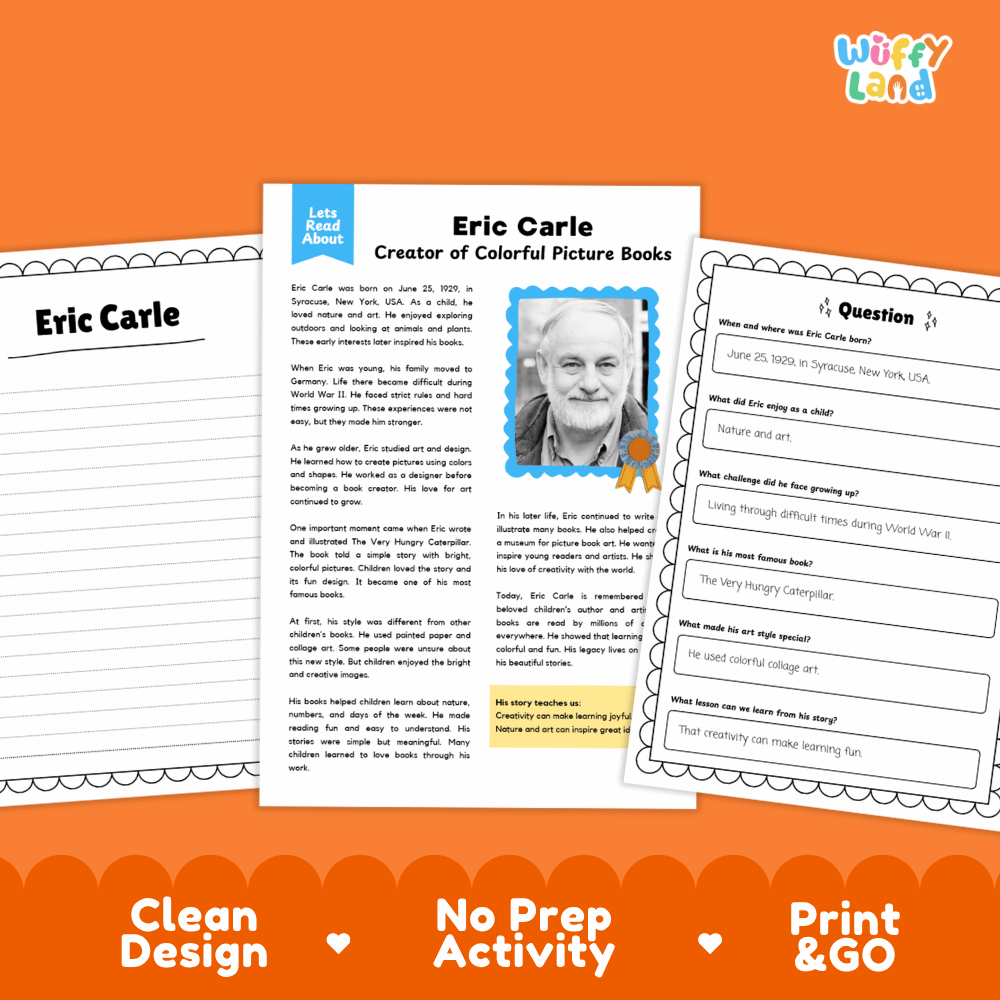 Eric Carle Biography Reading Passage and Writing Activity Worksheets
