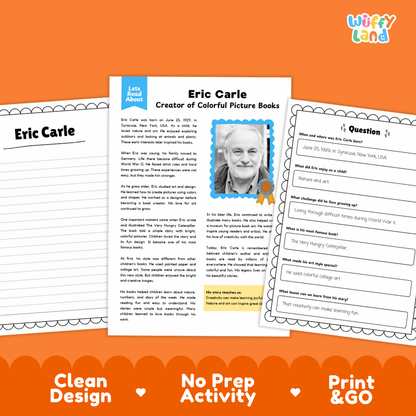 Eric Carle Biography Reading Passage and Writing Activity Worksheets
