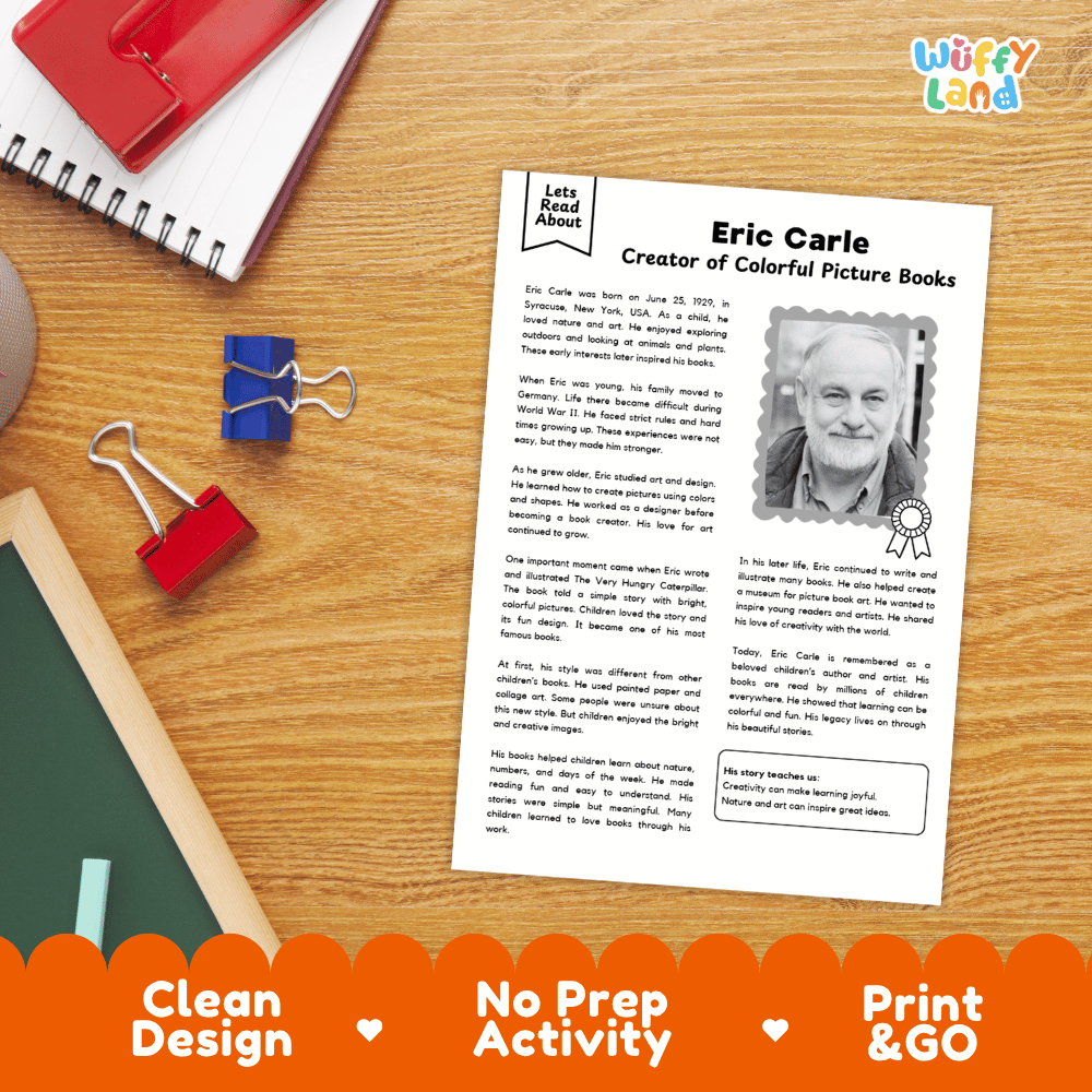 A printed educational activity sheet titled 'Eric Carle Creator of Colorful Picture Books' with a photo of Eric Carle, displayed on a wooden desk with school supplies. The sheet has a white background with black text and a small 'Lets Read About' logo.