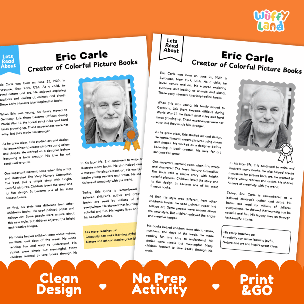 Two educational activity sheets about Eric Carle, featuring a color portrait and biographical text, presented on an orange background with promotional text reading 'Clean Design', 'No Prep Activity', and 'Print & Go'.