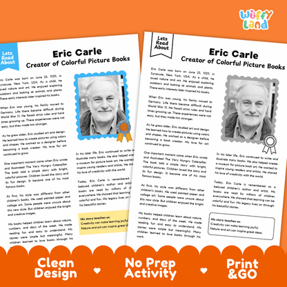 Two educational activity sheets about Eric Carle, featuring a color portrait and biographical text, presented on an orange background with promotional text reading 'Clean Design', 'No Prep Activity', and 'Print & Go'.