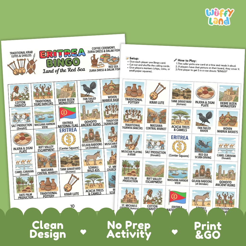 Eritrea Geography BINGO Games Printable Country Study Activity Cards