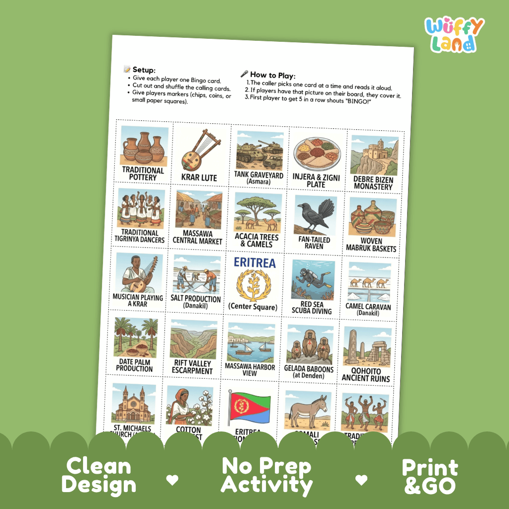 Eritrea Geography BINGO Games Printable Country Study Activity Cards