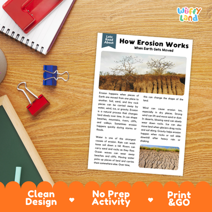 Printable student worksheet with short-answer reading comprehension questions covering erosion and earth science
