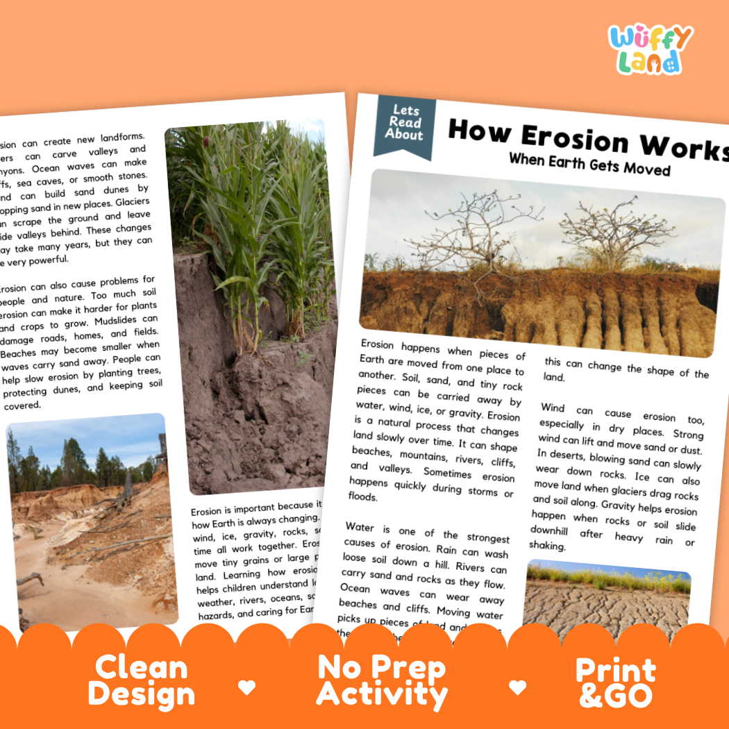 Complete teacher answer key worksheet providing detailed model responses for erosion comprehension questions