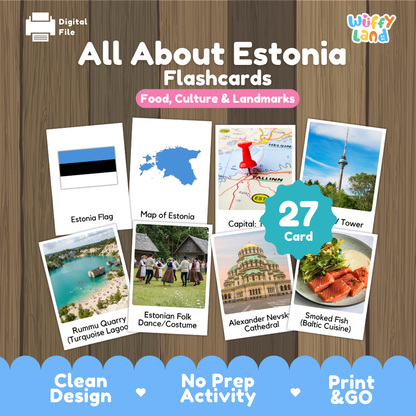 Estonia architectural coloring pages paired with photo flashcards of Tallinn TV Tower, Rummu Quarry, folk dance costumes, and smoked fish