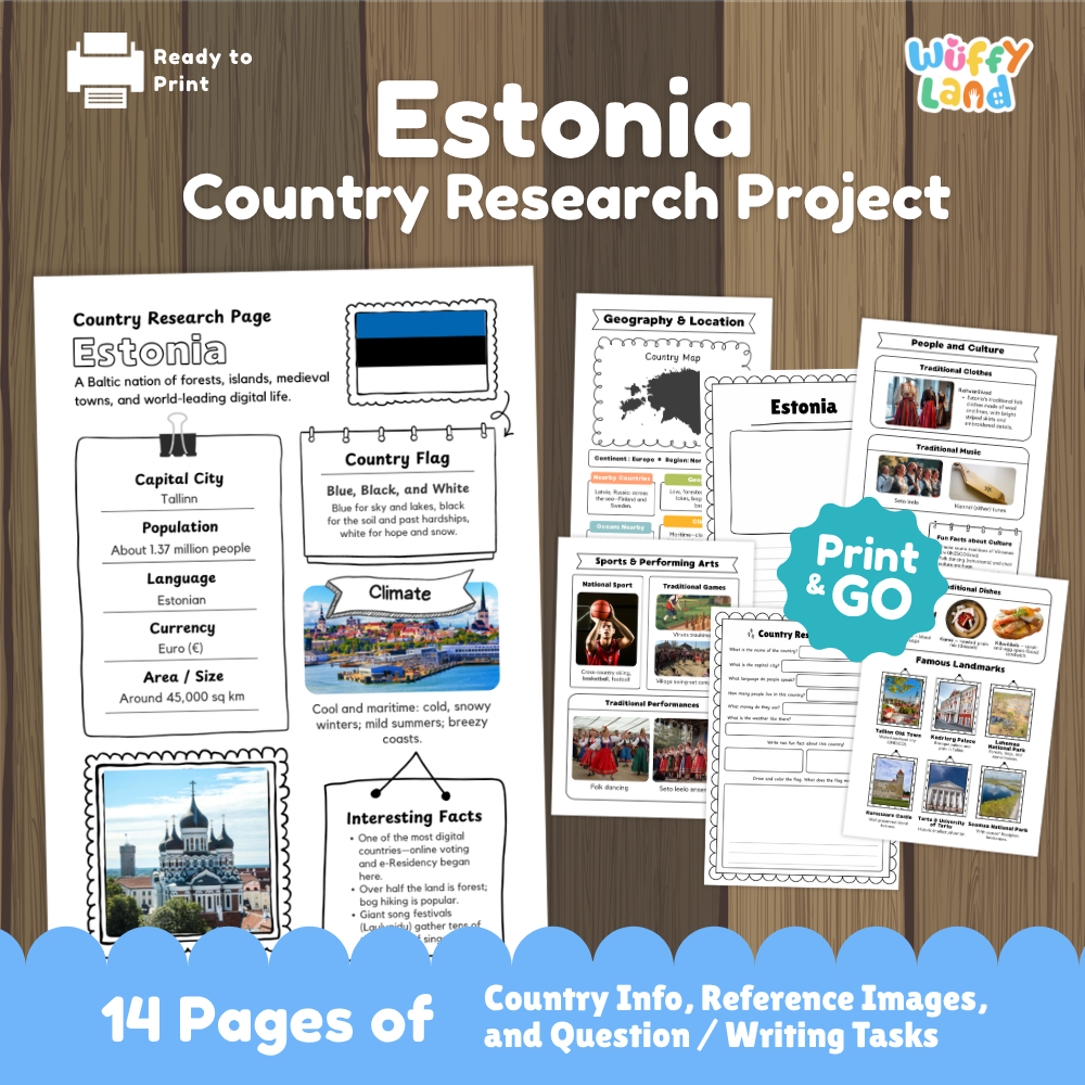 Student country research worksheet on Estonia featuring blue black and white flag, Tallinn capital facts, maritime climate, and geography map