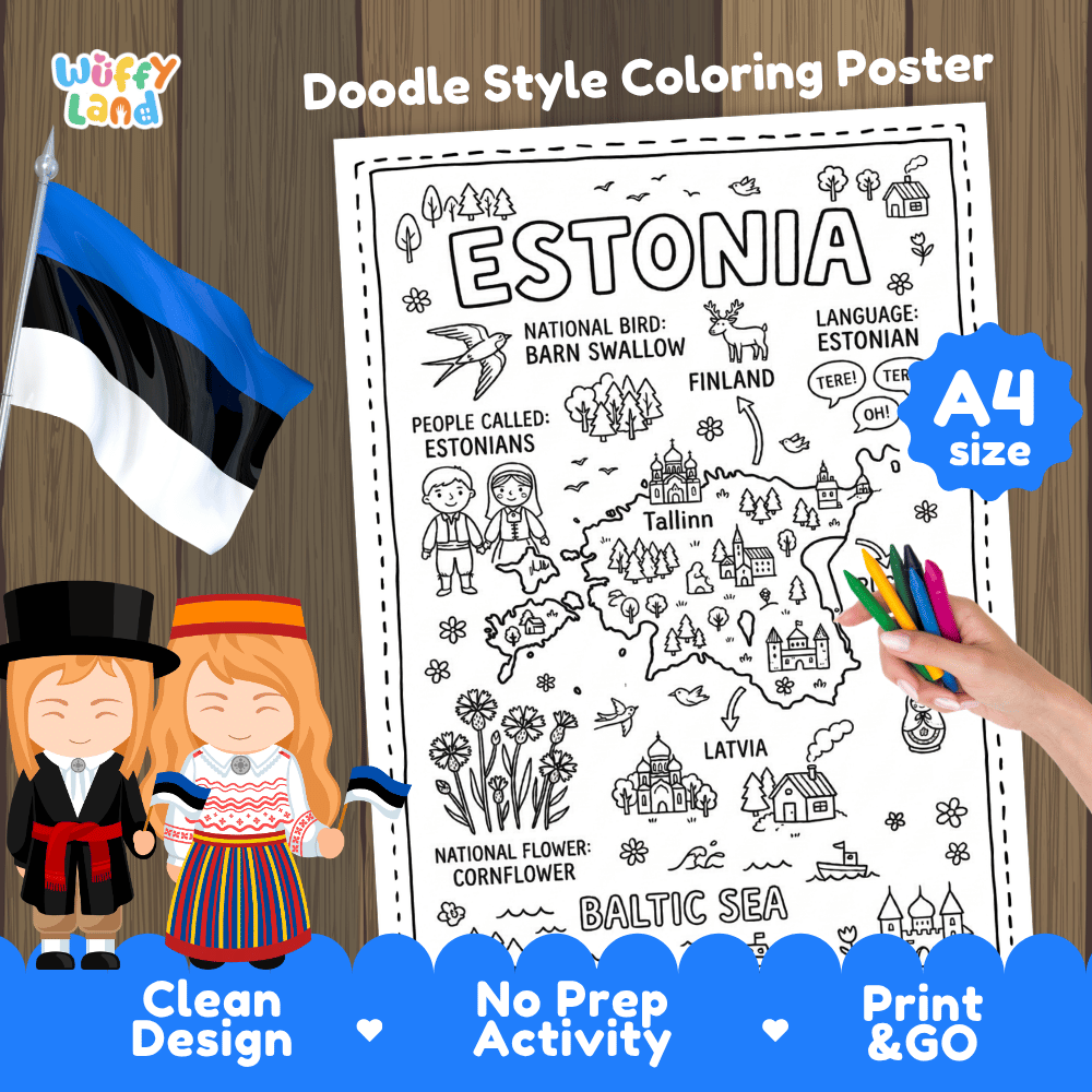 Estonia country study doodle style coloring poster printable page featuring map, landmarks, and cultural symbols