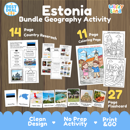 Estonia geography activity bundle cover showing 14 country research pages, 11 coloring pages, and 27 photo flashcards