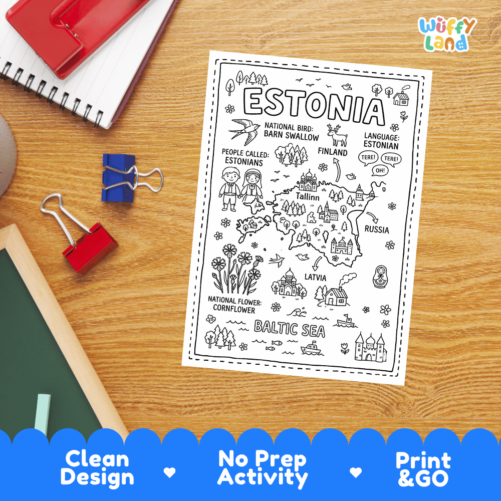 Doodle map coloring sheet showing Estonia's capital city Tallinn, the Baltic Sea, and neighboring Finland and Latvia