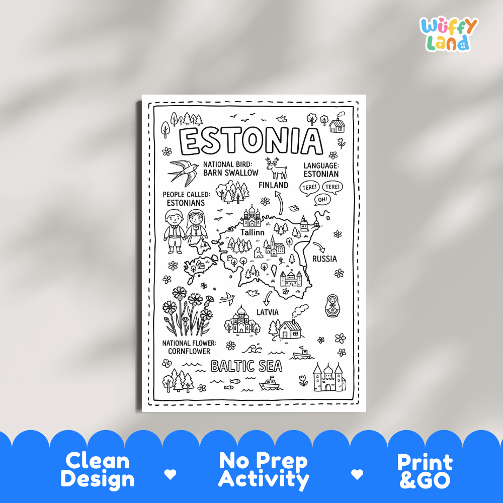 Educational activity coloring page highlighting Estonia's national bird the Barn Swallow and national flower Cornflower