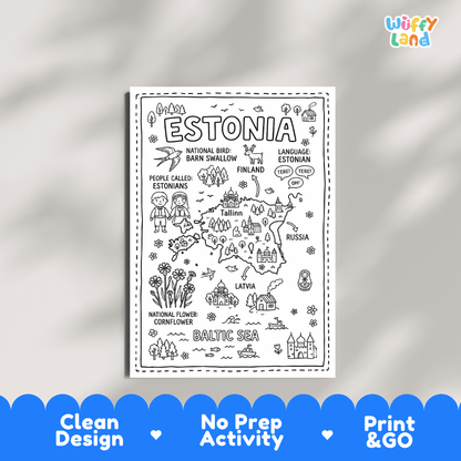 Educational activity coloring page highlighting Estonia's national bird the Barn Swallow and national flower Cornflower