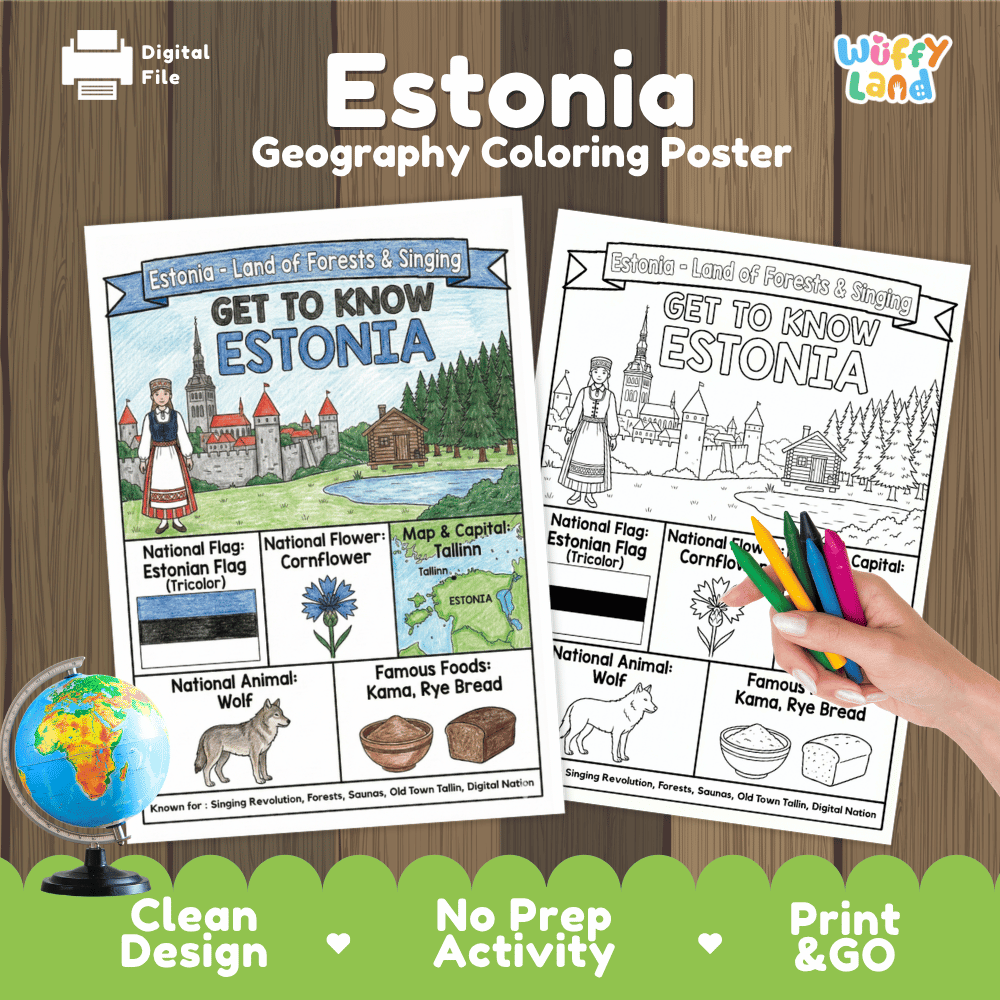 Estonia Geography Coloring Poster and Fact Sheet Printables