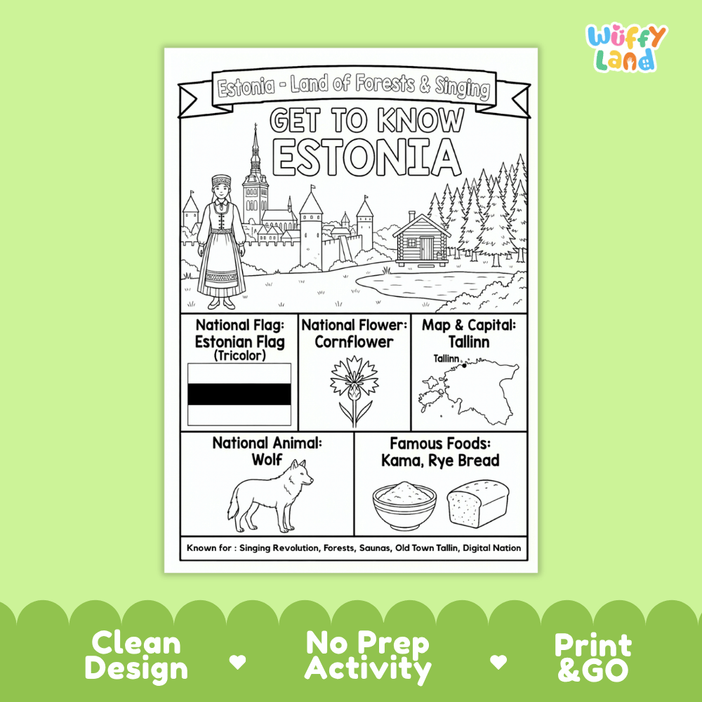 Estonia Geography Coloring Poster and Fact Sheet Printables