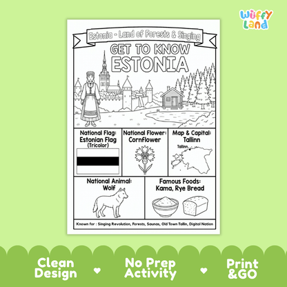 Estonia Geography Coloring Poster and Fact Sheet Printables