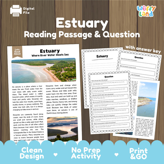Estuary reading comprehension passage with nonfiction text, comprehension questions and answer key about where river water meets the sea