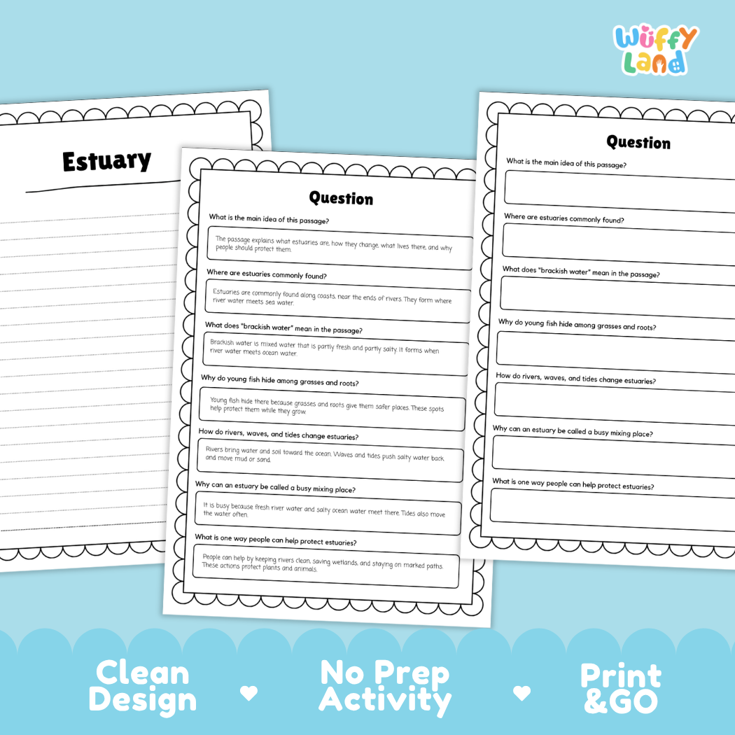 Estuary Reading Passage and Comprehension Questions with Answer Key Worksheets