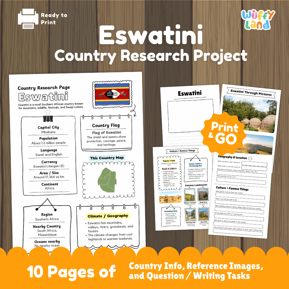 Eswatini Country Research Project Printable Worksheets and Activities