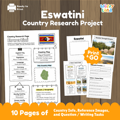 Eswatini Country Research Project Printable Worksheets and Activities