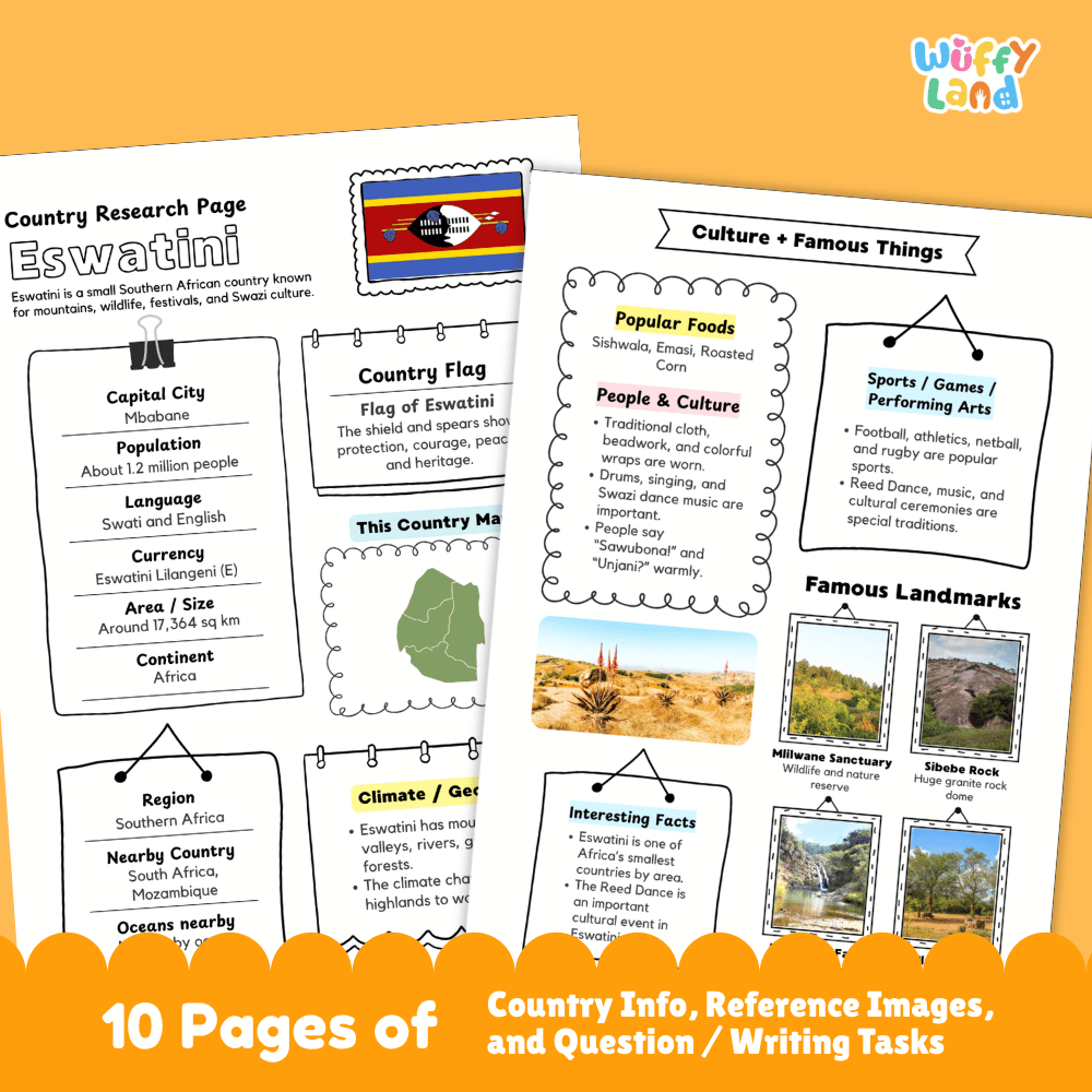 Eswatini Country Research Project Printable Worksheets and Activities
