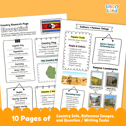 Eswatini Country Research Project Printable Worksheets and Activities