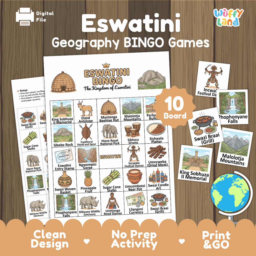Eswatini Geography Bingo Games Printable Country Study Activities