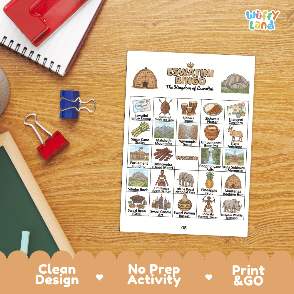Eswatini Geography Bingo Games Printable Country Study Activities