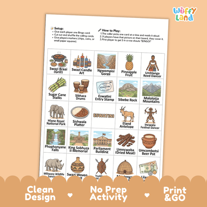 Eswatini Geography Bingo Games Printable Country Study Activities