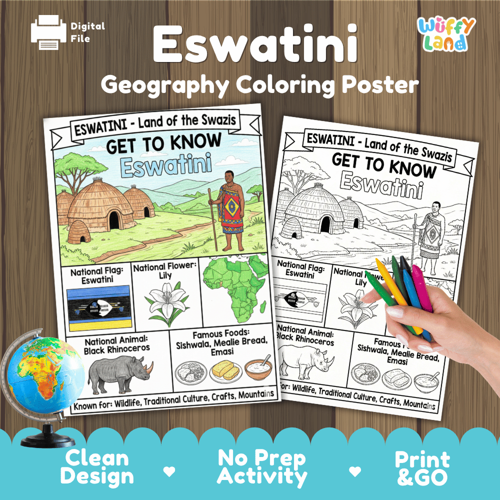 Eswatini Geography Coloring Poster and Fact Sheet Printable Worksheets